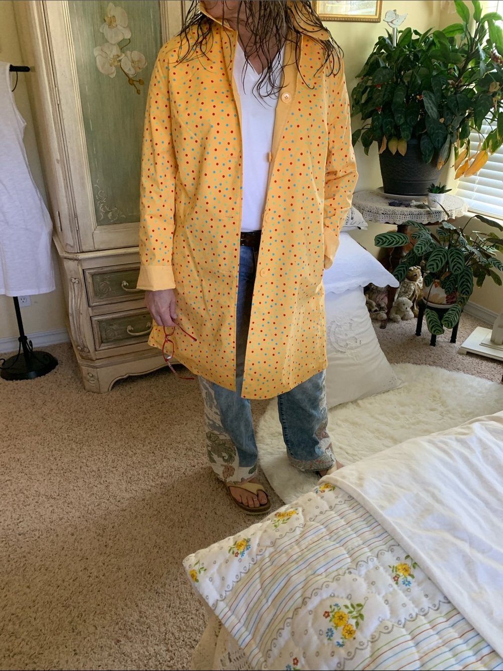 Reversible Yellow and Polka Dot Womens Raincoat - Picture 4 of 4